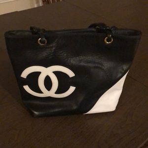 Chanel Purse Black and White Calfskin Leather Tote